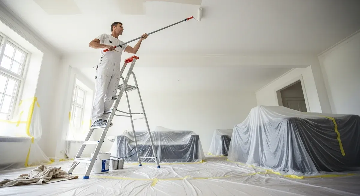 Professionel maler udfører loftsmaling i Bælum — certificeret malerfirma