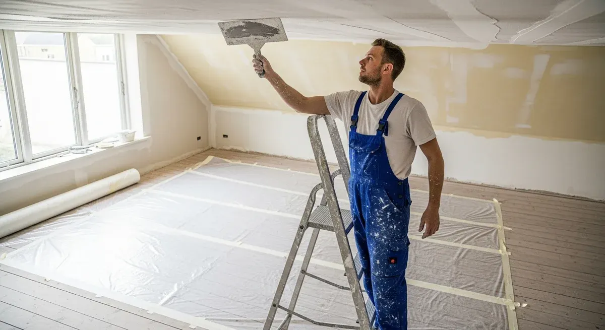 Professionel maler udfører loftsmaling i Hovedgård — certificeret malerfirma