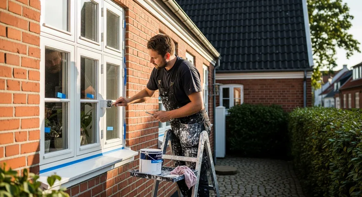 Professionel maler udfører udvendig maling i Albøge — certificeret malerfirma