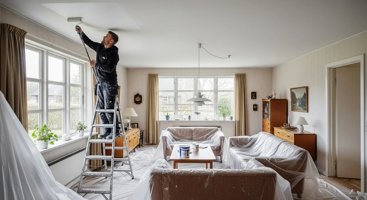 Professionel maler udfører loftsmaling i Frederikshavn — certificeret malerfirma