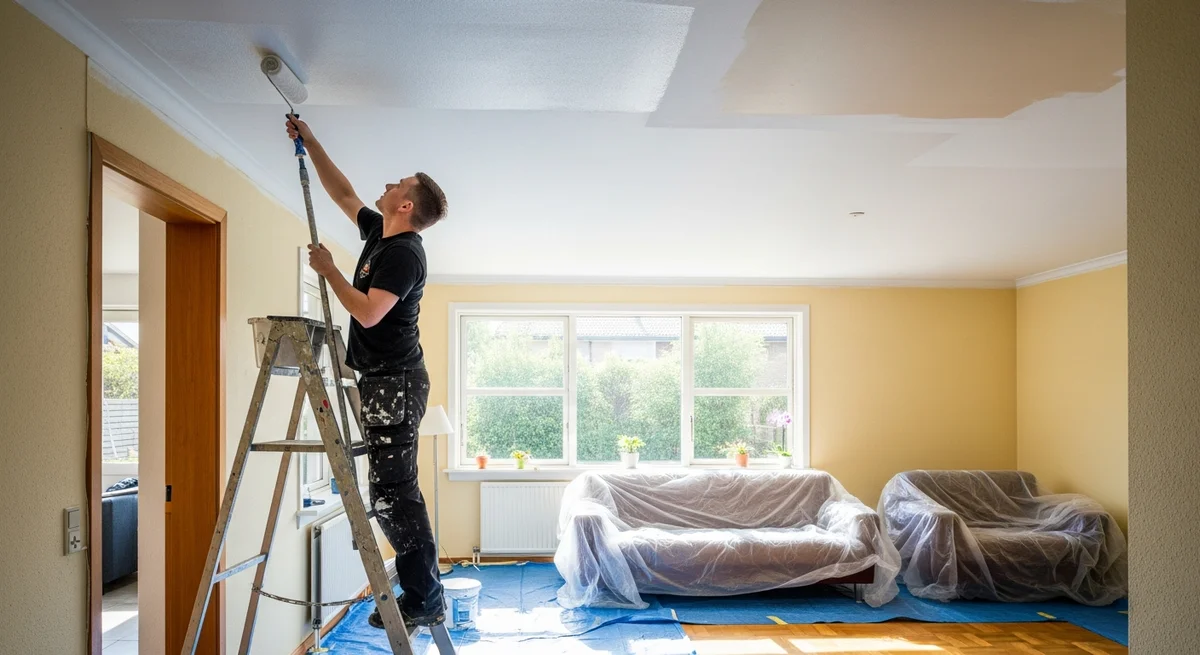 Professionel maler udfører loftsmaling i Holbæk — certificeret malerfirma