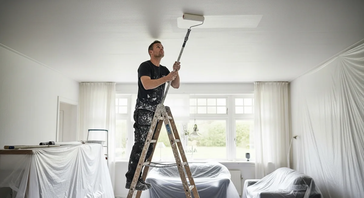 Professionel maler udfører loftsmaling i Ishøj — certificeret malerfirma