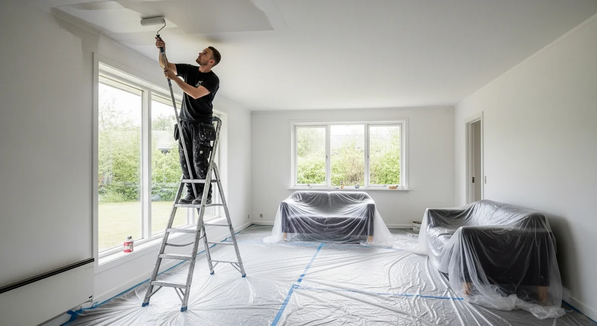 Professionel maler udfører loftsmaling i Skanderborg — certificeret malerfirma