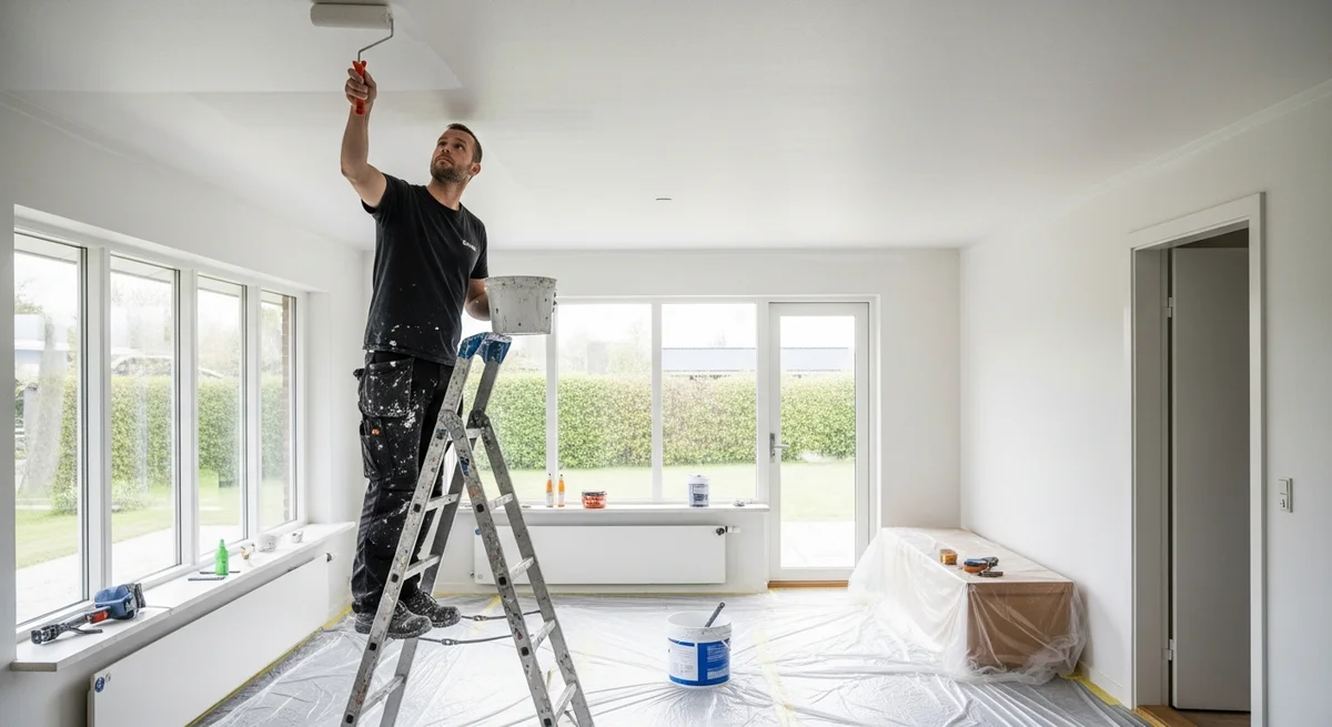 Professionel maler udfører loftsmaling i Skive — certificeret malerfirma