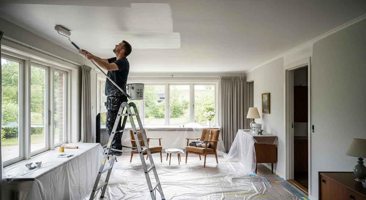 Professionel maler udfører loftsmaling i Svendborg — certificeret malerfirma