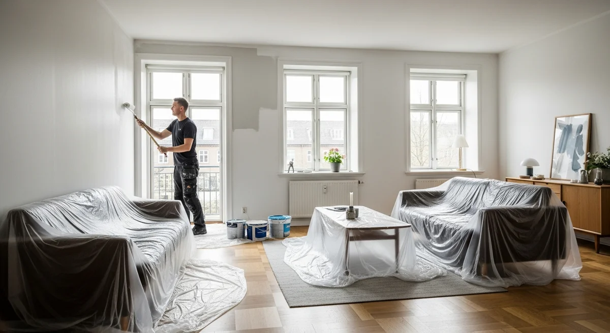Professionel maler udfører maling af lejlighed i Give — certificeret malerfirma